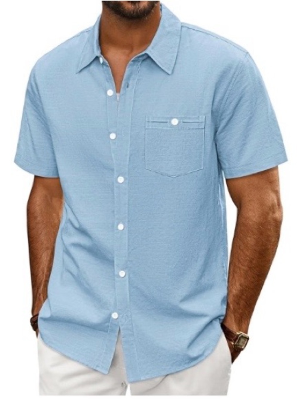 Men's Light Blue Short Sleeve Button-Up Shirt